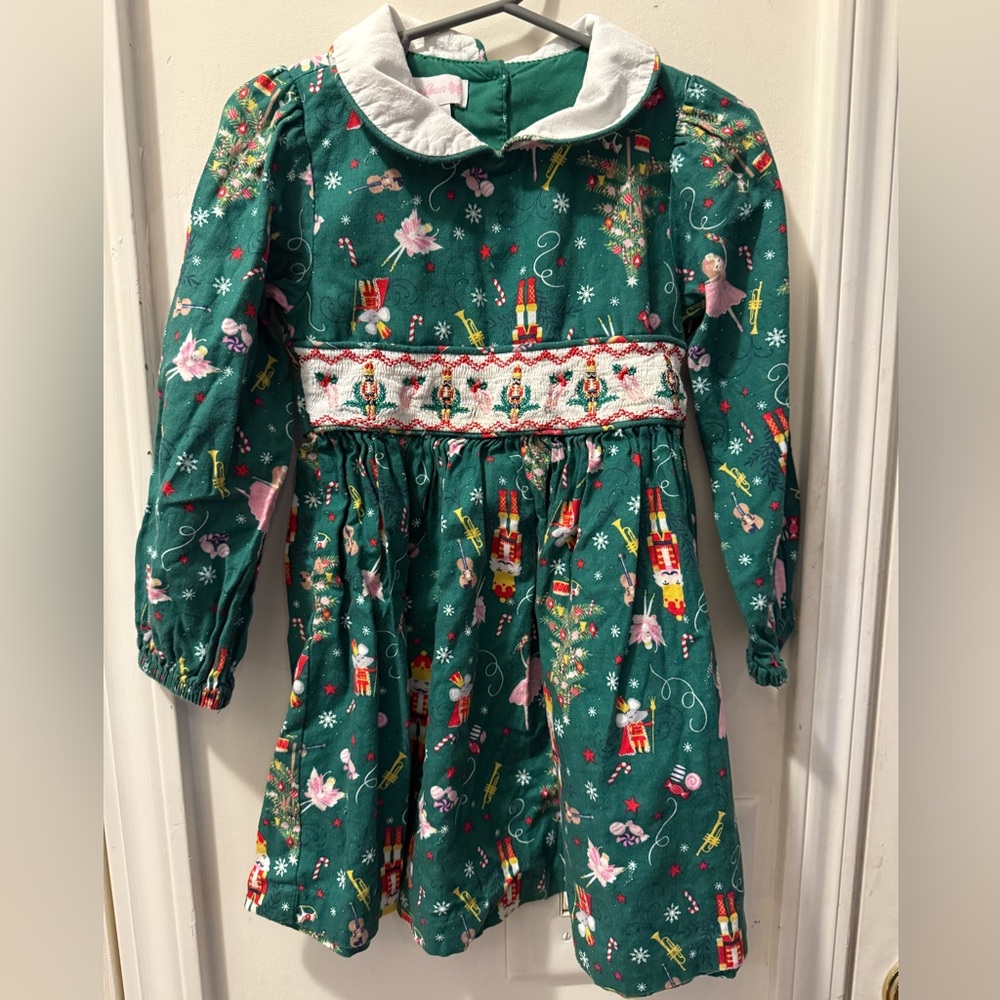 Bonnie Jean Green Nutcracker Print Holiday Dress with White Collar